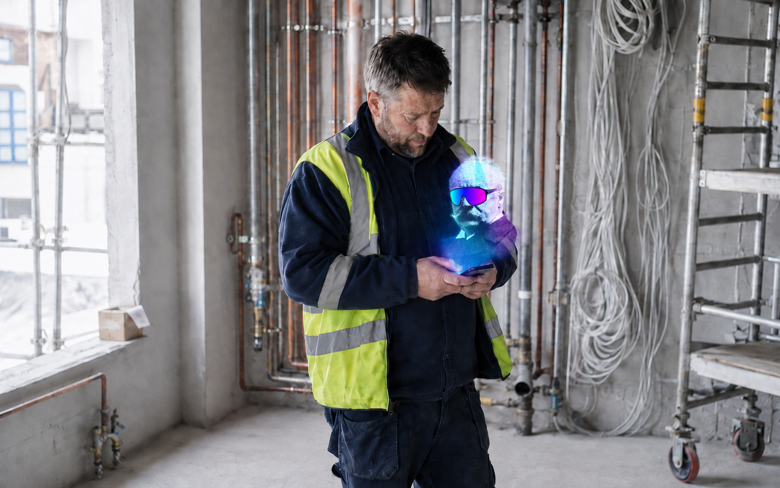 Bauarbeiter mit holografischem Assistenten