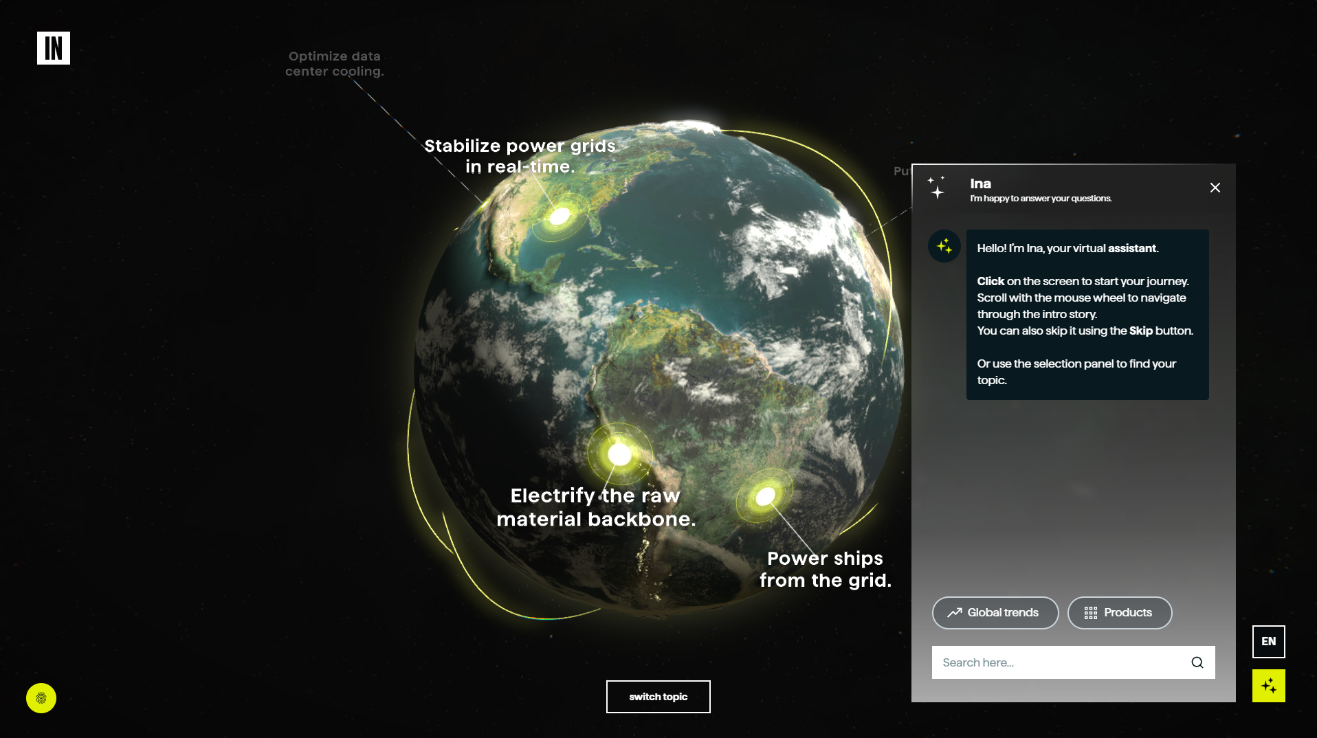Electrosphere mit Hotspots und Chatfenster mit virtueller Assistentin Ina