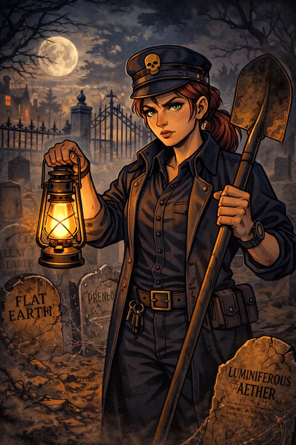 Comicbild einer Frau auf einem Friedhof mit Laterne und Schaufel in den Händen