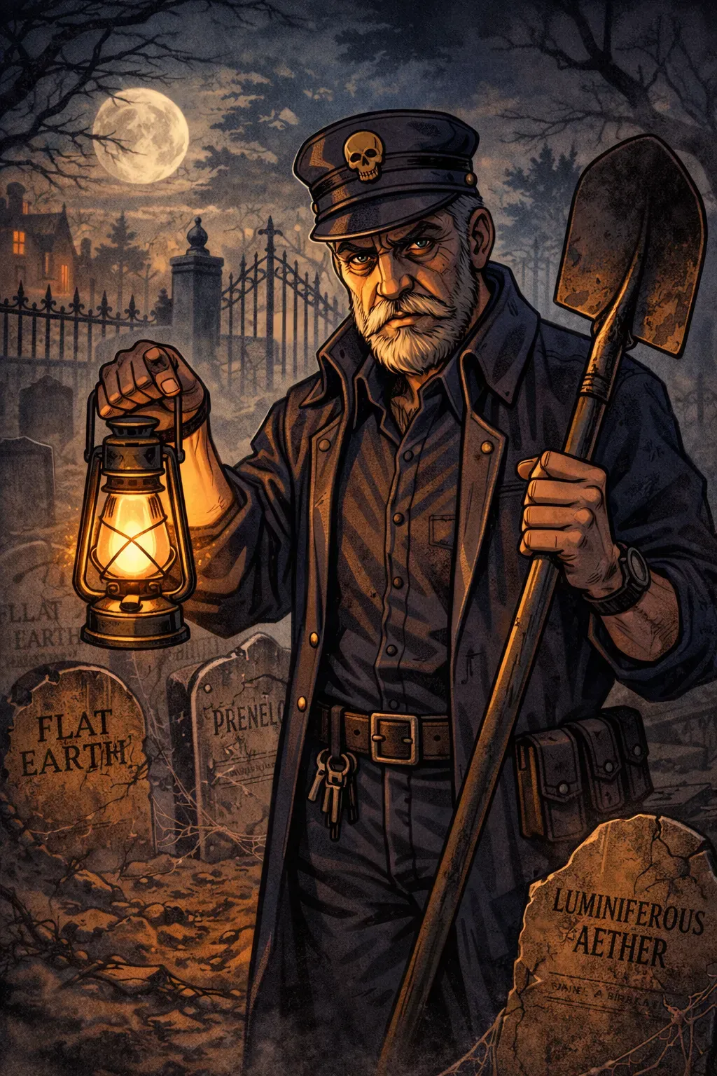 Comicbild eines Mannes auf einem Friedhof mit Laterne und Schaufel in den Händen