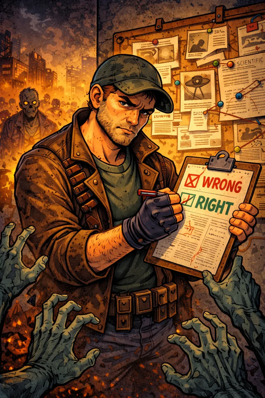 Comicbild eines Mannes mit Klemmbrett in der Hand mit Checkboxen "wrong" und "right"